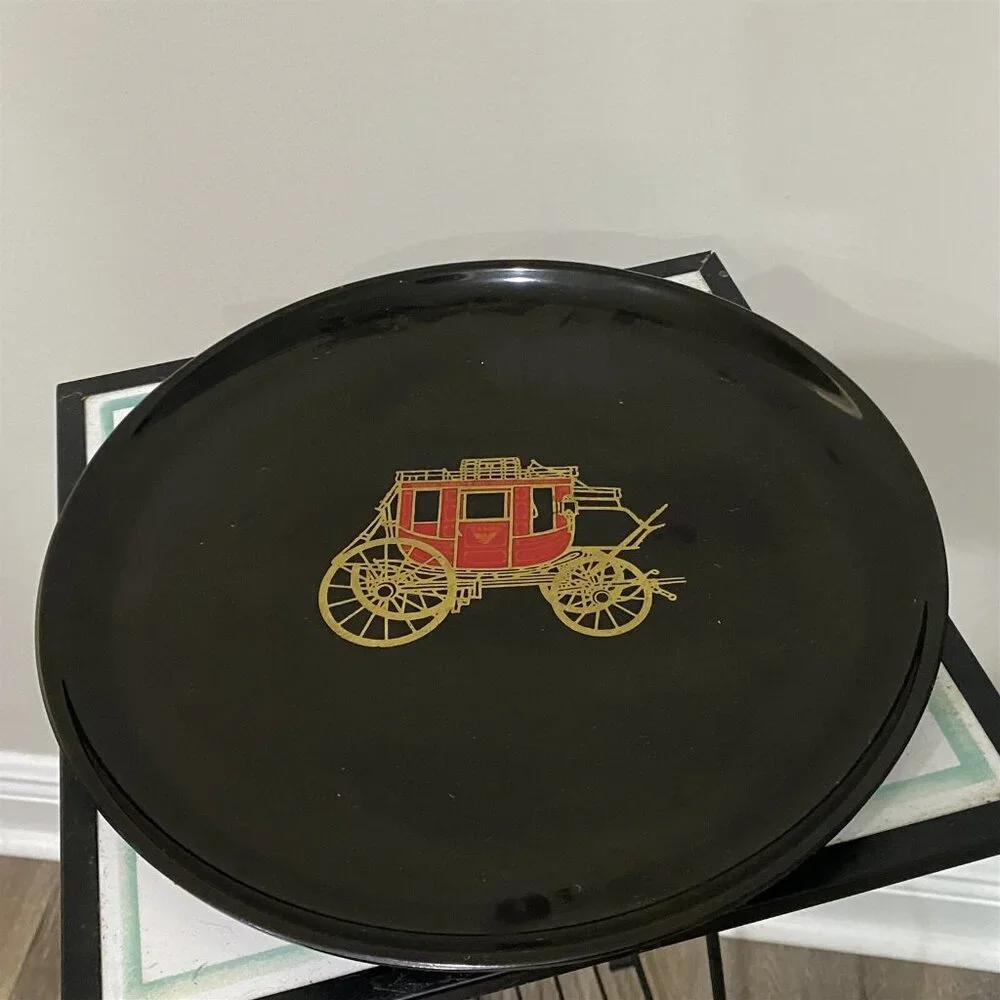 COUROC WELLS FARGO STAGECOACH TRAY PLATE VINTAGE WOOD AND BRASS INLAY
